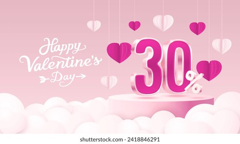 Herzlichen Glückwunsch Valentinstag, Mega-Verkauf, Sonderangebot, 30 Rabatt-Banner. Werbeaktion für SignBoard. Vektorgrafik