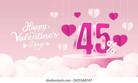 Happy Valentine day, Mega sale, special offer, 45 off sale banner. Sign board promotion. Vector illustration