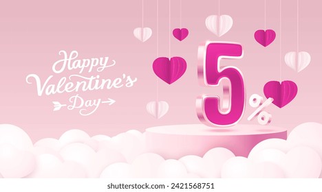 Happy Valentine day, Mega sale, special offer, 5 off sale banner. Sign board promotion. Vector illustration