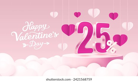 Herzlichen Glückwunsch Valentinstag, Mega-Verkauf, Sonderangebot, 25 Rabatt-Banner. Werbeaktion für SignBoard. Vektorgrafik