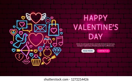 Happy Valentine Day Neon Banner Design. Vector Illustration of Love Promotion.