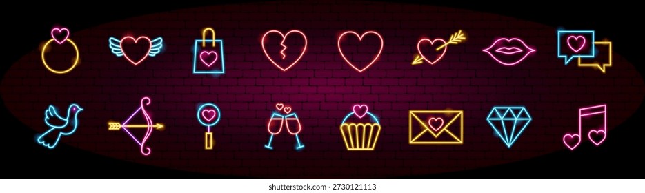 Feliz Dia dos Namorados Neon Objects. Ilustração vetorial de luminosidade LED amor romance ícones de férias. Conjunto de Símbolos Grandes. Coração, Casamento, Casal.