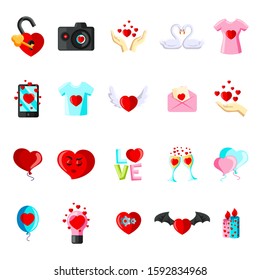 Happy Valentine Day Objects. Design Vector Illustration. Love Wedding Items. Vector Valentine s Day set of cartoon flat icons. Love symbols.