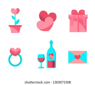 Happy Valentine Day Objects Set . Flat Design . Collection of Love Wedding Items