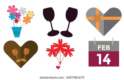 Happy Valentine Day Objects Set ,Flat Design Vector Illustration, Collection of Love.