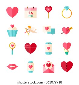 Happy Valentine Day Objects Set isolated over White. Flat Design Vector Illustration. Collection of Love Wedding Items.