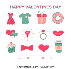 Happy Valentine Day Objects Set isolated over White. Flat Design Vector Illustration. Collection of Love Wedding Items.