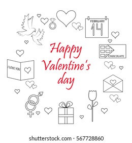 Happy Valentine Day Objects Set isolated over White.  Vector Illustration. Collection of Love Wedding Items.
