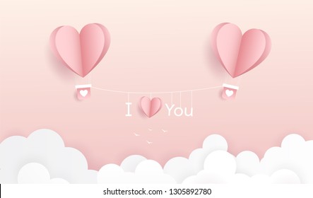 Happy valentine day. Origami made hot air balloon flying on pastel pink background for copy space. minimal concept. Vector Illustration