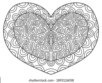 Happy Valentine Day ornamental heart shape stock vector illustration. Zen art heart coloring page for kids and adults. Symmetry valentines hand drawn contour horizontal illustration. One of a series