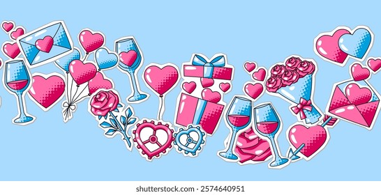 Happy Valentine Day pattern. Holiday background with romantic stickers and love symbols.