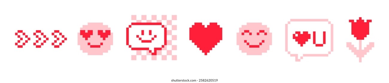 Happy valentine day pattern in pixel art. Naive romantic vector game elements, geometric shapes. I love U, heart, smiling face, in love, speech bubble. Y2k cute pixels design for sticker, icon, poster