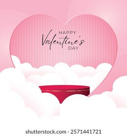 Happy valentine day pink background with cylinder podium surrounded with clouds. Vector geometric platform. Abstract mockup product display. Minimal scene. Stage showcase