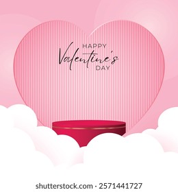 Happy valentine day pink background with cylinder podium and clouds. Vector geometric platform. Abstract mockup product display. Minimal scene. Stage showcase