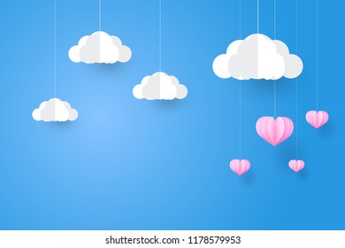 happy valentine day, pink heart in the sky,Vector illustration,paper art