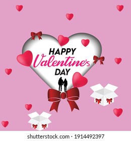 Happy Valentine day with pink paper cut background and gift. simple design in heart pattern. vector illustration