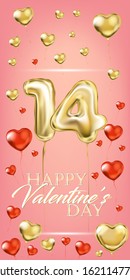 Happy Valentine Day pink portrait banner, 14 and heart by golden balloons