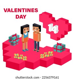 Happy Valentine day pixelated vector banner. Gifts for boyfriend and bouquet for girlfriend wife and husband. Love isometric concept wallpaper, card. 14 february. Love, honesty, romantic, relationship