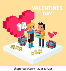 Happy Valentine day pixelated vector banner. Gifts for boyfriend and bouquet for girlfriend wife and husband. Love isometric concept wallpaper, card. 14 february. Love, honesty, romantic, relationship