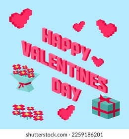 Happy Valentine day pixelated vector banner. Gifts for boyfriend and bouquet for girlfriend wife and husband. Love isometric concept wallpaper, card. 14 february. Love, honesty, romantic, relationship