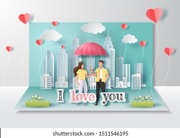 Happy Valentine Day, pop up card, cute couple in love holding umbrella with city background, many hearts balloons in the air, paper art and craft style.