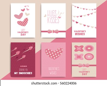 Happy valentine day postcard template set design. Love holiday poster or greeting card in funny cartoon style. Vector layout illustration.