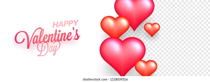 Happy Valentine Day poster or banner design decorated with glossy hearts on white background with space for your product image.