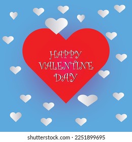 Happy valentine day poster or card with red heart shape or love symbol isolated on a blue background and small white love symbol or heart shape, background for valentine day 14th february 