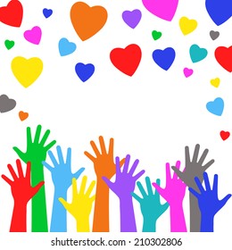 Happy Valentine day poster holiday background - multicolored hands and  hearts together