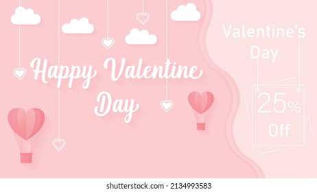 Herzlichen Glückwunsch Valentinstag Poster, Vektorbild. Herzballon und Wolken auf rosafarbenem Hintergrund.