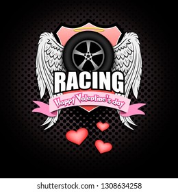 Happy Valentine day. Racing logo template design. Car wheel with wings and nimbus. Pattern for banner, poster, greeting card, party invitation. Vector illustration