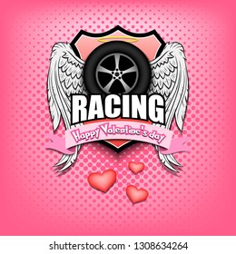Happy Valentine day. Racing logo template design. Car wheel with wings and nimbus. Pattern for banner, poster, greeting card, party invitation. Vector illustration