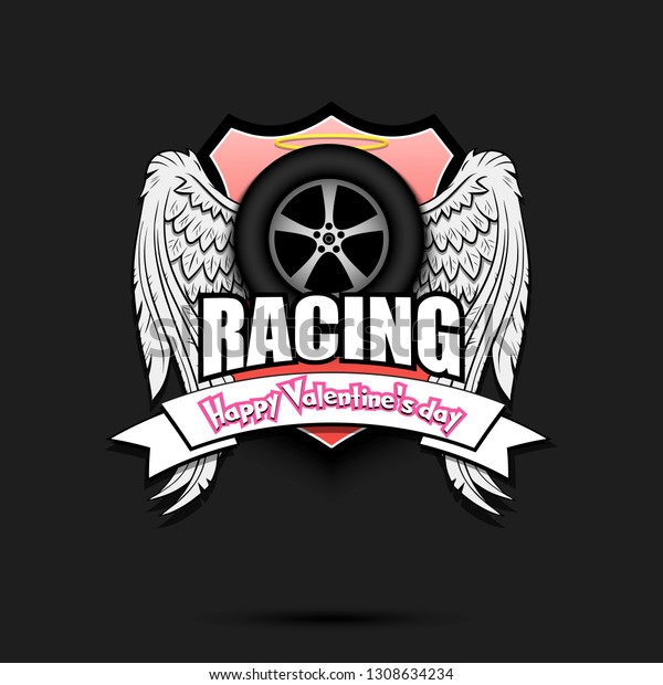 Happy Valentine day.\
Racing logo template design. Car wheel with wings and nimbus.\
Pattern for banner, poster, greeting card, party invitation. Vector\
illustration
