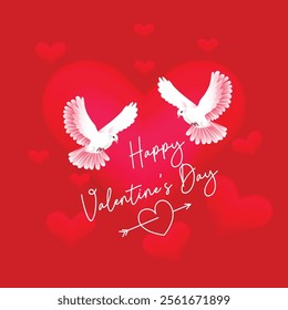 Happy Valentine day red heart with two pigeon and lot of red love illustration. 