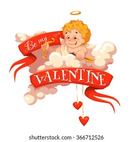 Happy valentine day. Red heart with cherub. Vector illustration.