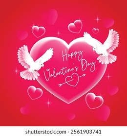 Happy Valentine day red and transparent heart with white pigeon illustration.