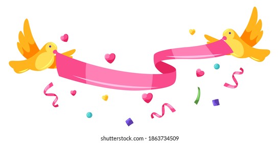 Happy Valentine Day ribbon with birds. Holiday illustration with romantic items and love symbols.