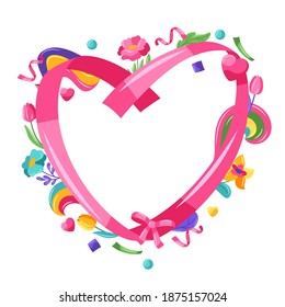 Happy Valentine Day ribbon frame. Holiday background with flowers.