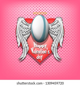 Happy Valentine day. Rugby logo template design. Rugby ball with wings and nimbus. Pattern for banner, poster, greeting card, party invitation. Vector illustration