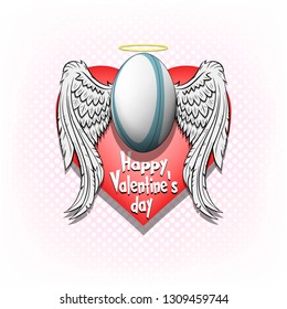 Happy Valentine day. Rugby logo template design. Rugby ball with wings and nimbus. Pattern for banner, poster, greeting card, party invitation. Vector illustration