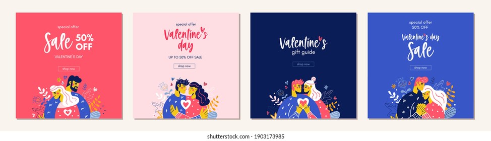 Happy Valentine Day Sale Background With Trendy People And Typography. Valentine Shopping Square Banner. Gift Guide, Special Offer, Email Template. Vector Modern Illustration.