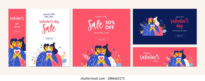 Happy Valentine Day Sale Cards. Trendy Square Templates With A Modern Couple In Love In The Background. Gift Guide, Promotion Poster, Email. For Social Media, Mobile Apps, Wed Ads. Vector Illustration