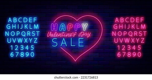 Happy Valentine Day Sale neon signboard. Shiny emblem. Heart frame. Holiday party advertising. Luminous pink and blue alphabet. Glowing greeting card. Romantic evening. Vector stock illustration