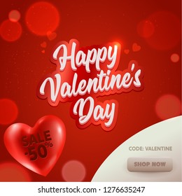 Happy Valentine Day Sale Offer Online Banner. Discount Promo Poster in Red Heart Advertising Element Design. Romantic Holiday Promotion Deal Card Template 3d Vector Illustration