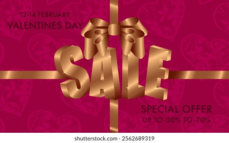 happy valentine day sale poster template. vector illustration. Burgundy gift wrap with openwork hearts with silk gold ribbon and bow