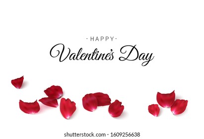 Happy Valentine day, scattered rose petals, flowers. White background, backdrop. Vector 3d illustration. Love, romantic symbol. Realistic decoration element wedding, festive card design. EPS10