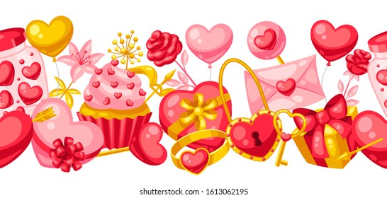 Happy Valentine Day seamless pattern. Holiday background with romantic items and love symbols.