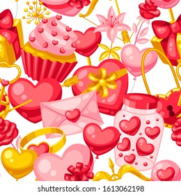 Happy Valentine Day seamless pattern. Holiday background with romantic items and love symbols.