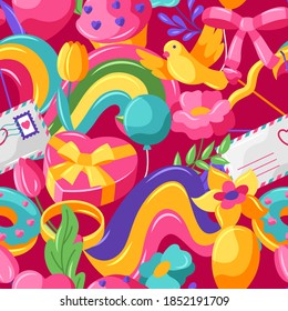 Happy Valentine Day seamless pattern. Holiday background with romantic items and love symbols.