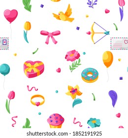 Happy Valentine Day seamless pattern. Holiday background with romantic items and love symbols.